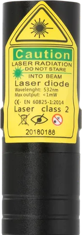 Kompakter grüner Laserpointer G2 Pro – Nahaufnahme des Warnetiketts mit der Laserklasse