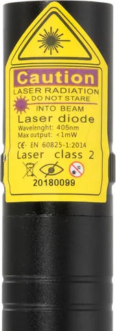Kompakter violetter Laserpointer V2 Pro – Nahaufnahme des Warnetiketts mit der Laserklasse
